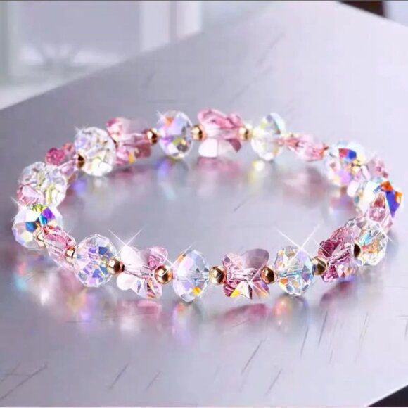 Hand Crafted Jewelry - Handmade Austrian Crystal Bracelet – Clear Rondelle Beads w/ Pink Butterflies